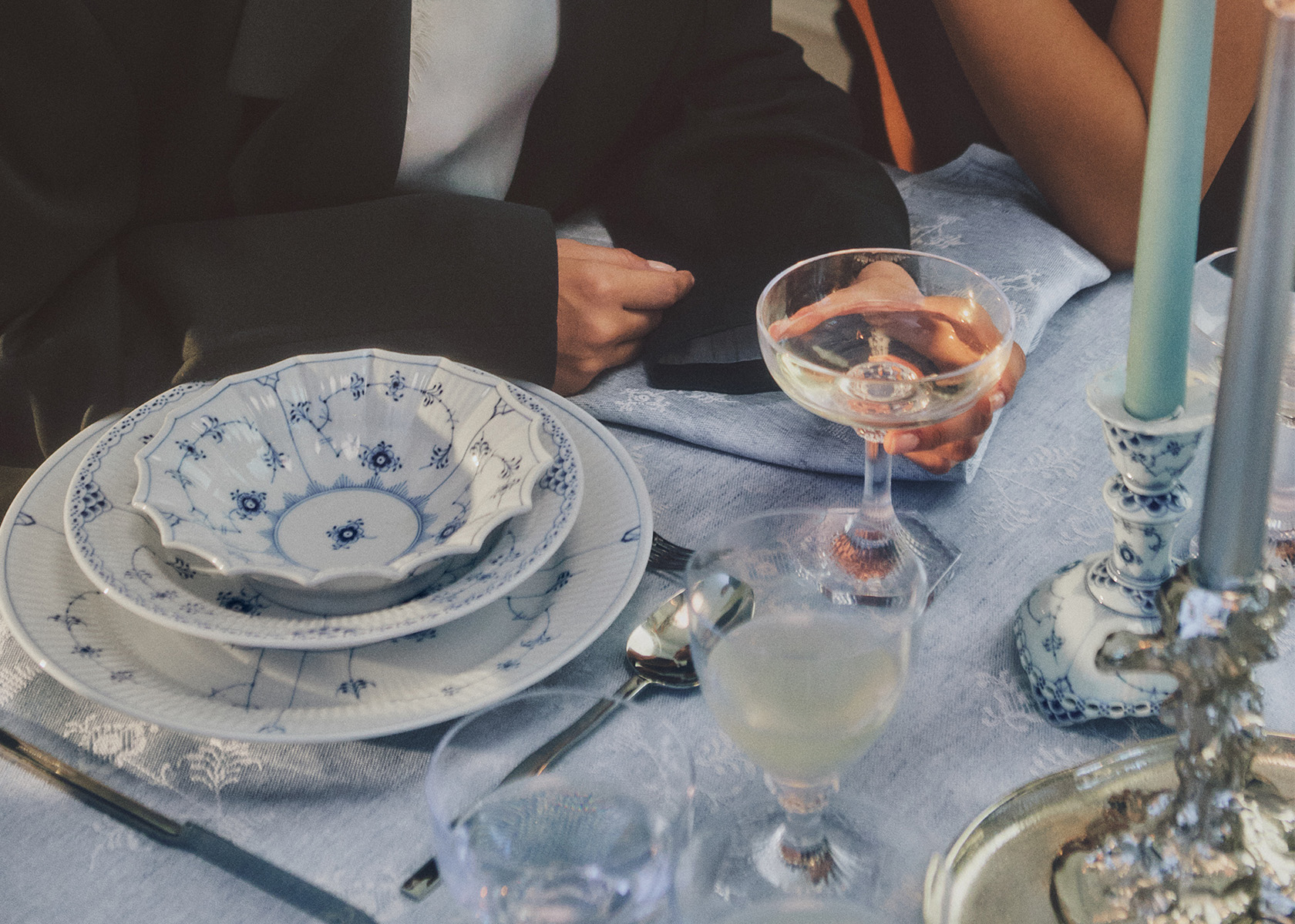 Sophisticated Christmas table setting featuring Blue Flæuted Plain, Blue Fluted Full Lace and Blue Fluted Half Lace